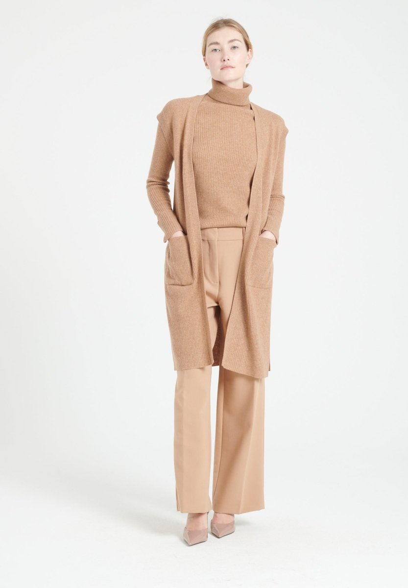 Gilet long sans manches femme en cachemire camel - MIA 6