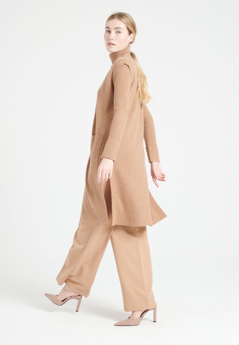 Gilet long sans manches femme en cachemire camel - MIA 6
