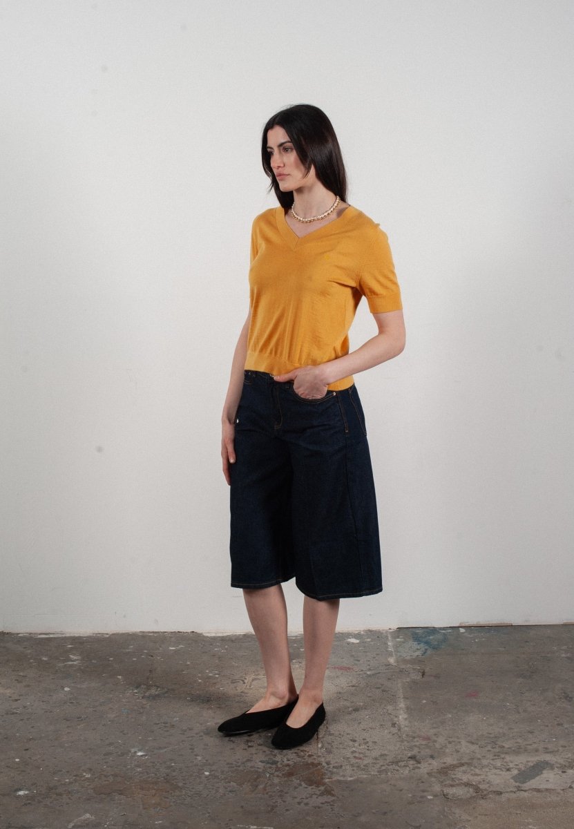 T-shirt col V manches courtes femme en cachemire et laine ultrafin jaune - FRIDA 10